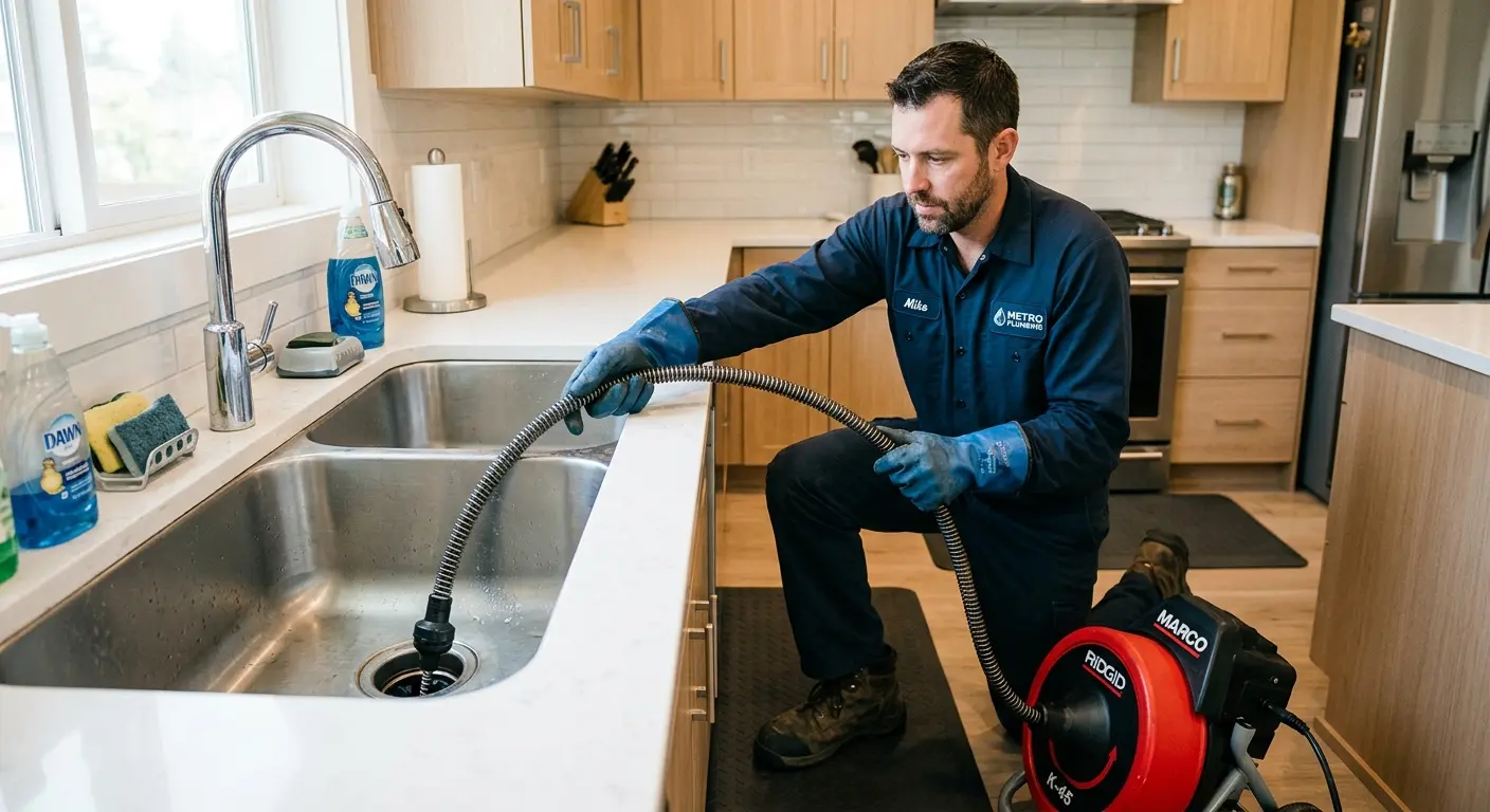 Drain cleaning technician using a motorized snake on a kitchen sink in Lynden