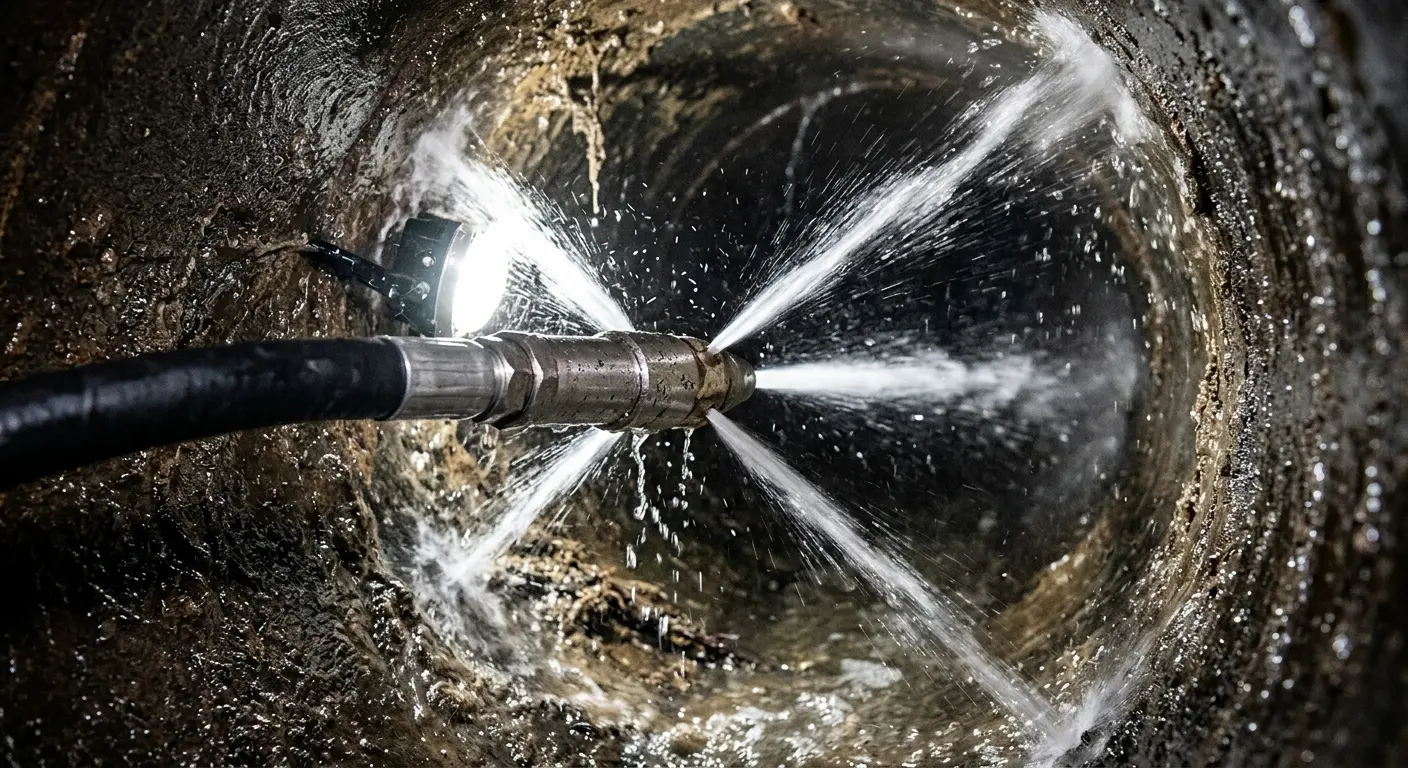 High-pressure hydro jetting nozzle cleaning sewer pipe for Sewer Cleanout in Lynden