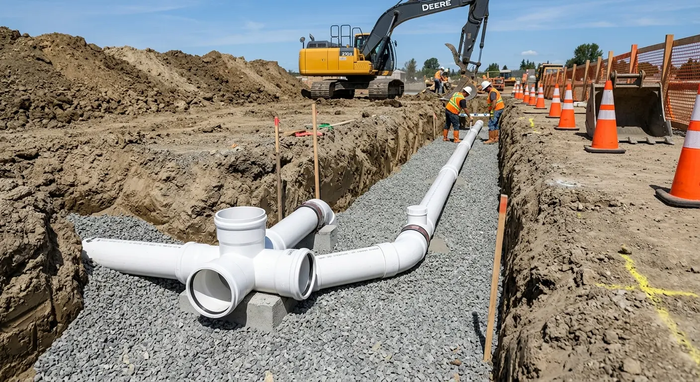 New PVC sewer pipe installation in open trench for Sewer Backup in Lynden