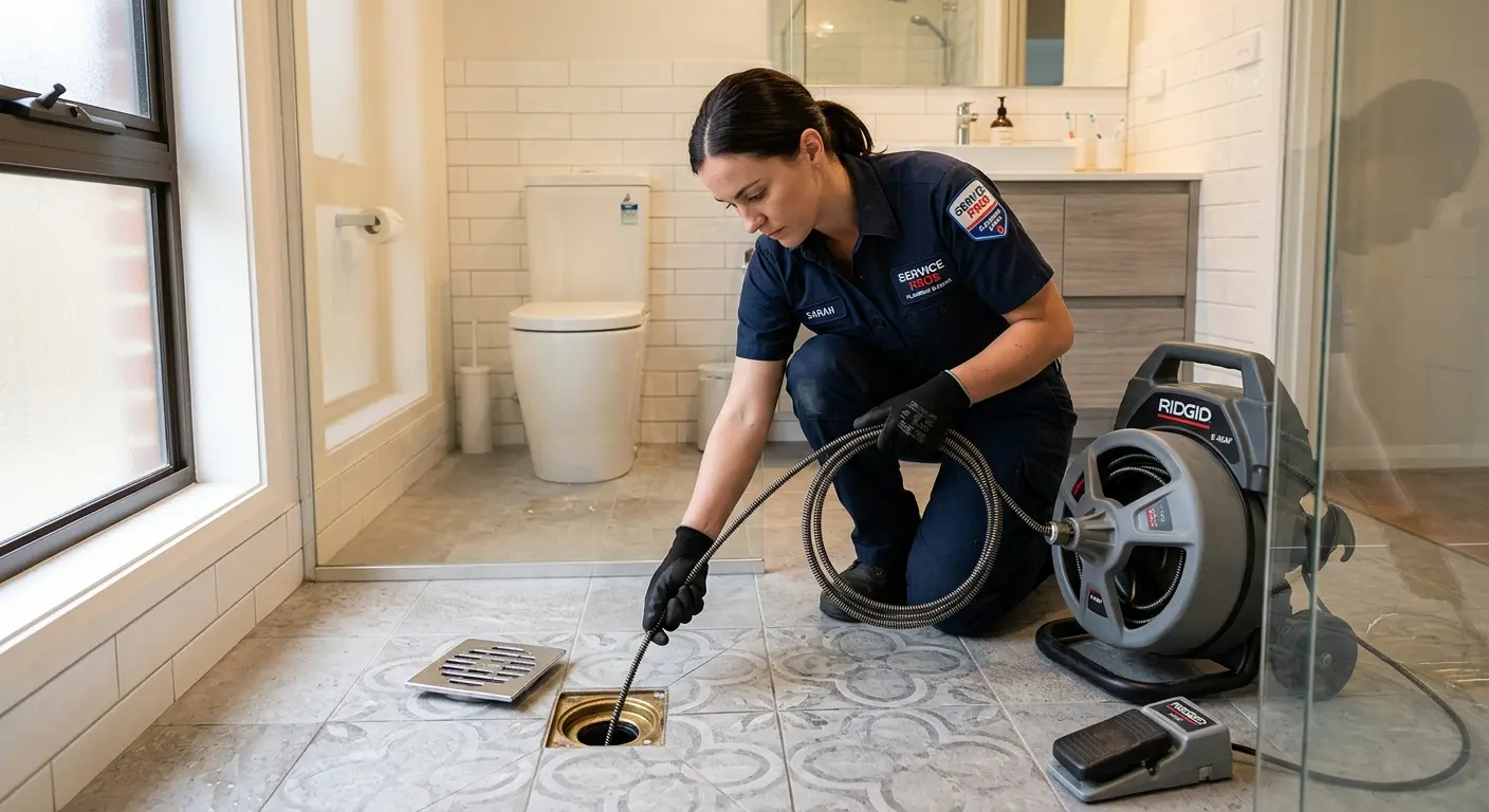 Technician clearing a bathroom floor drain for Drain Cleaning in Lynden